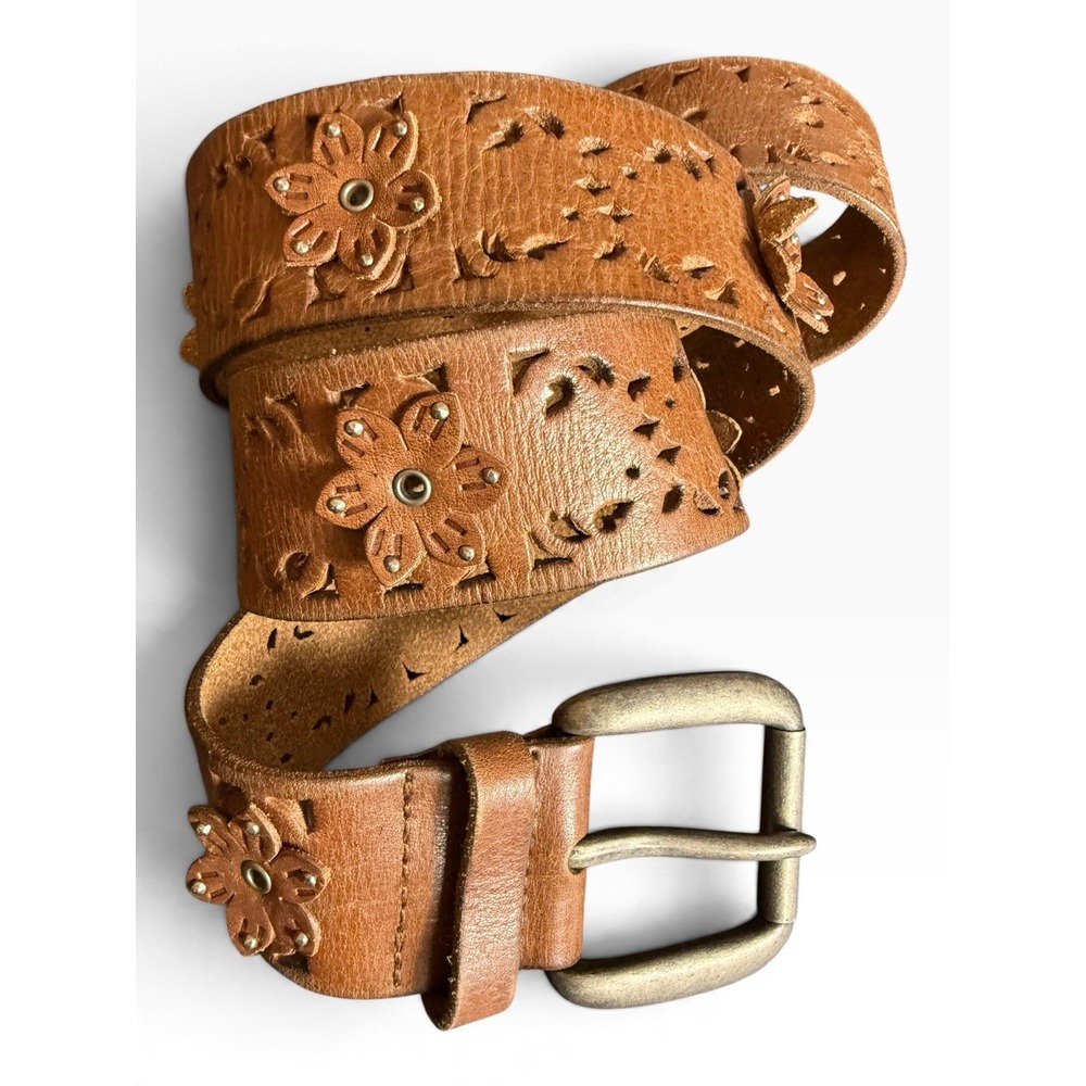 Express Womens M 31-33 Brown Leather Wide Floral Cutout Belt w/ Buckle - Picture 2 of 6
